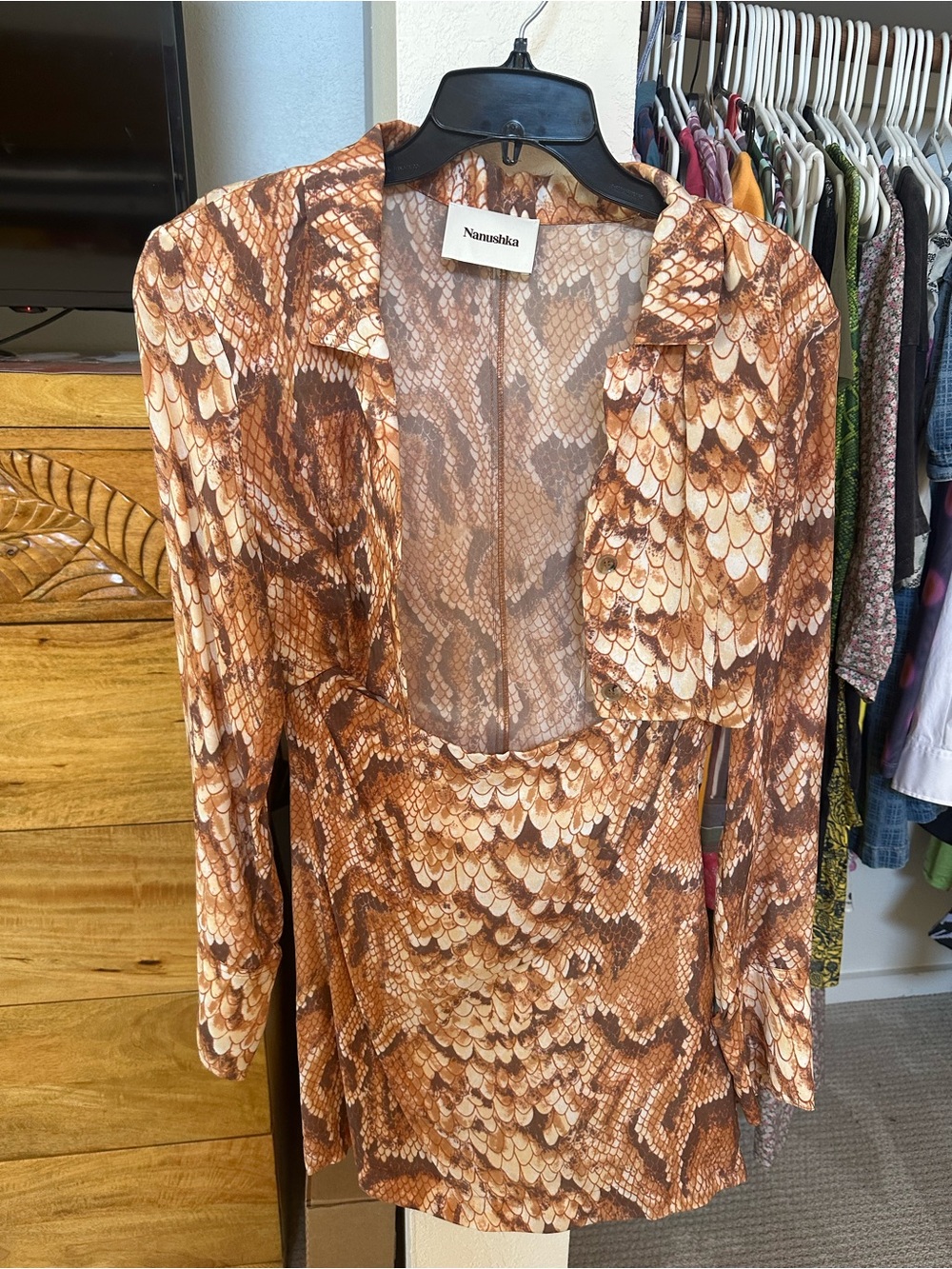 Nanushka Brown & Tan Snake-Print Long-Sleeve V-Neck Dress